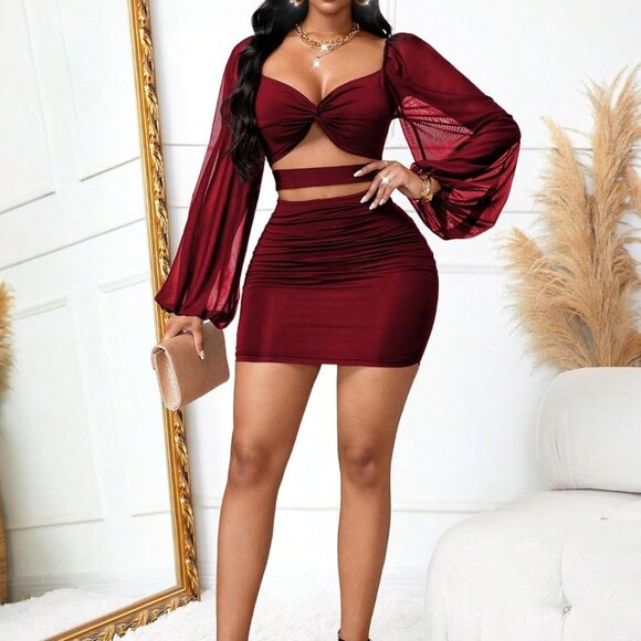 Women's Red Mesh Bodycon Dress Puff Sleeve Mini Party Club Homecoming - Picture 1 of 6